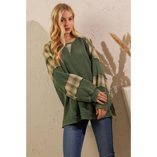 WAFFLE KNIT PATCHWORK PULLOVER-TOP-Sage + Fig-Stuffology - Where Vintage Meets Modern, A Boutique for Real Women in Crosbyton, TX
