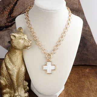 Luminous Cross – Mother of Pearl Charm Necklace-Necklaces-PennyLine inc-Stuffology - Where Vintage Meets Modern, A Boutique for Real Women in Crosbyton, TX