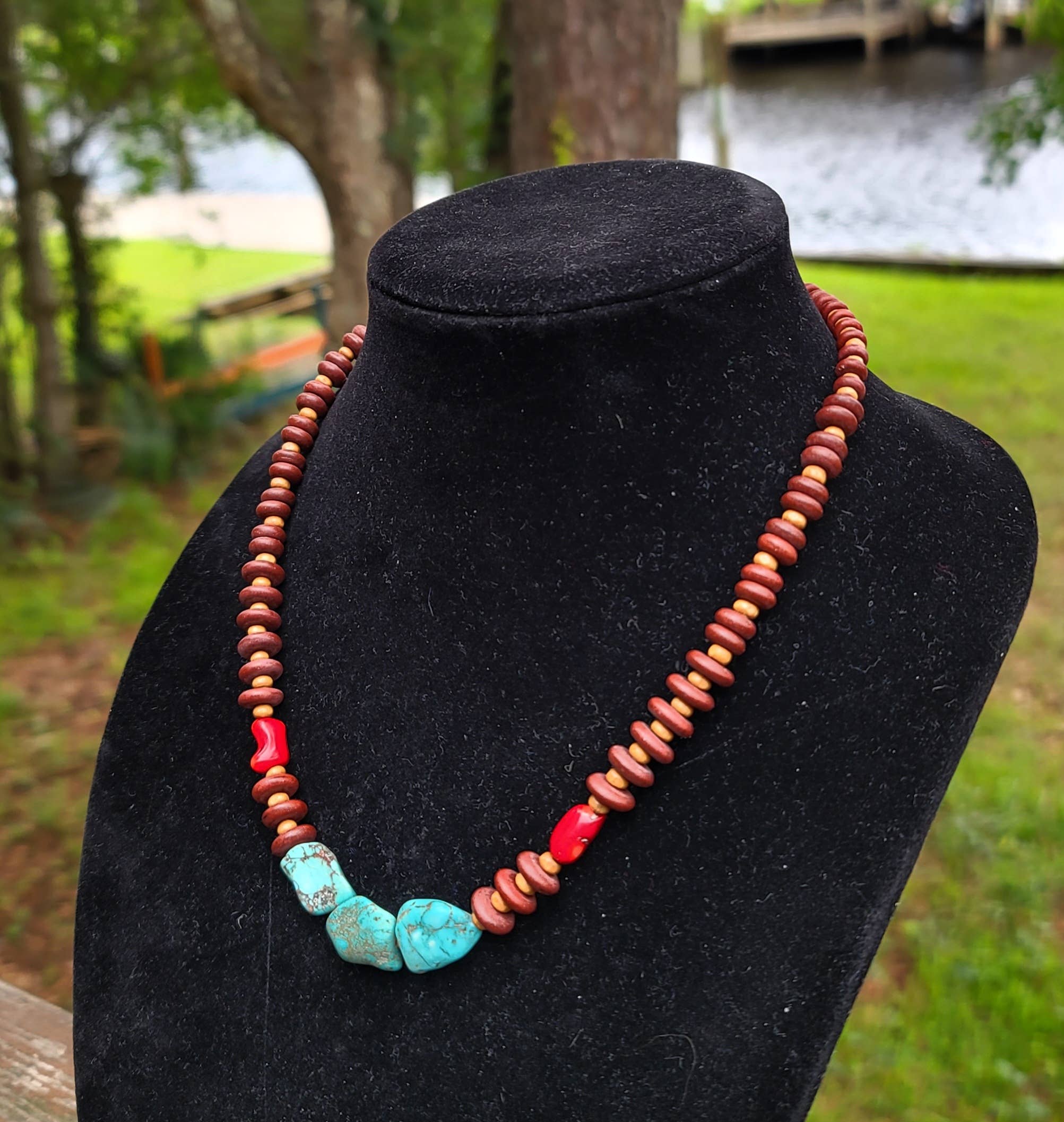 Turquoise, Coral Necklace, wood beads Native American made-Horse Spirit Studio-Stuffology - Where Vintage Meets Modern, A Boutique for Real Women in Crosbyton, TX