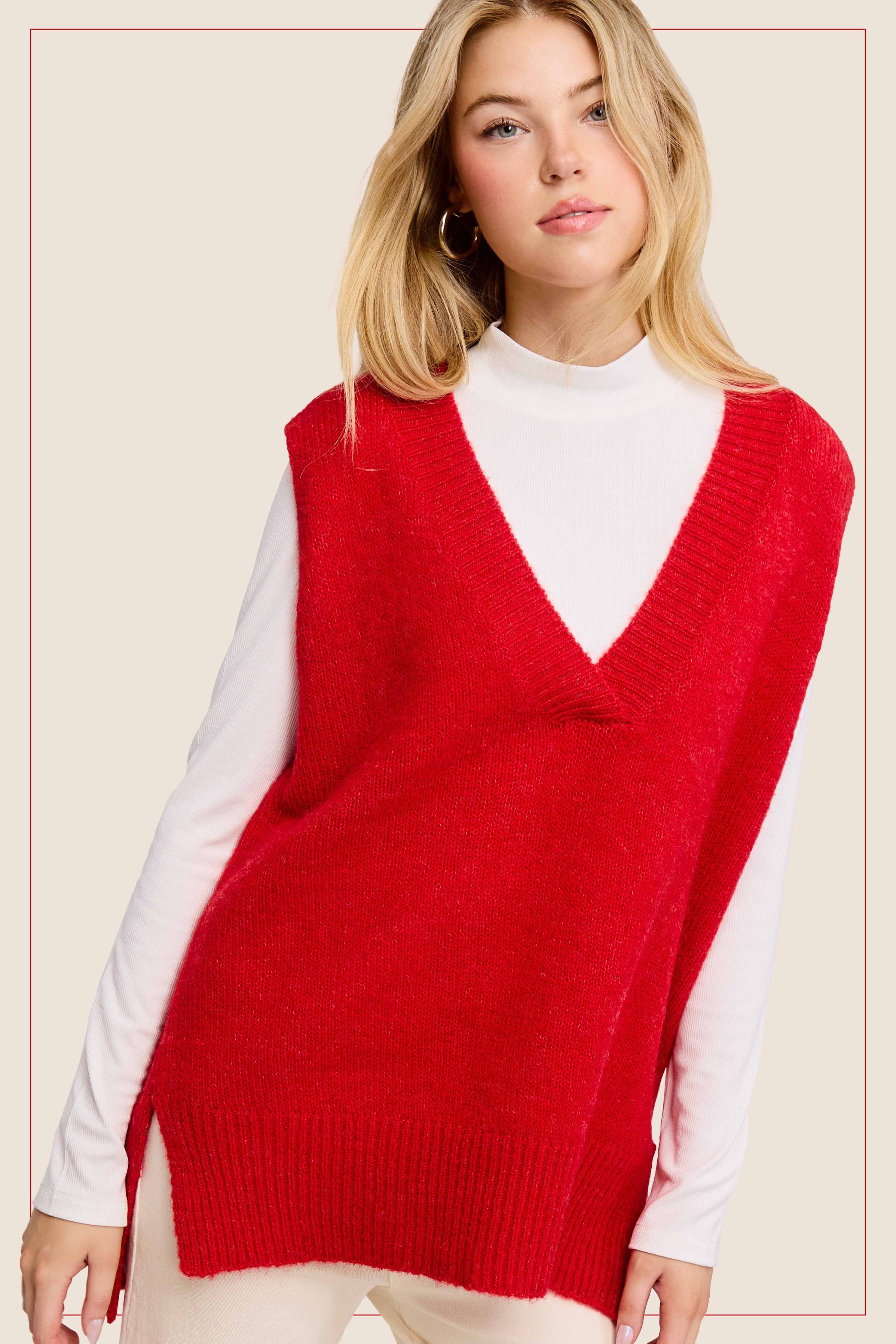 Red Oversized Soft Knit Sweater Vest with Side Slit-Sweater Vest-La Miel-Stuffology - Where Vintage Meets Modern, A Boutique for Real Women in Crosbyton, TX