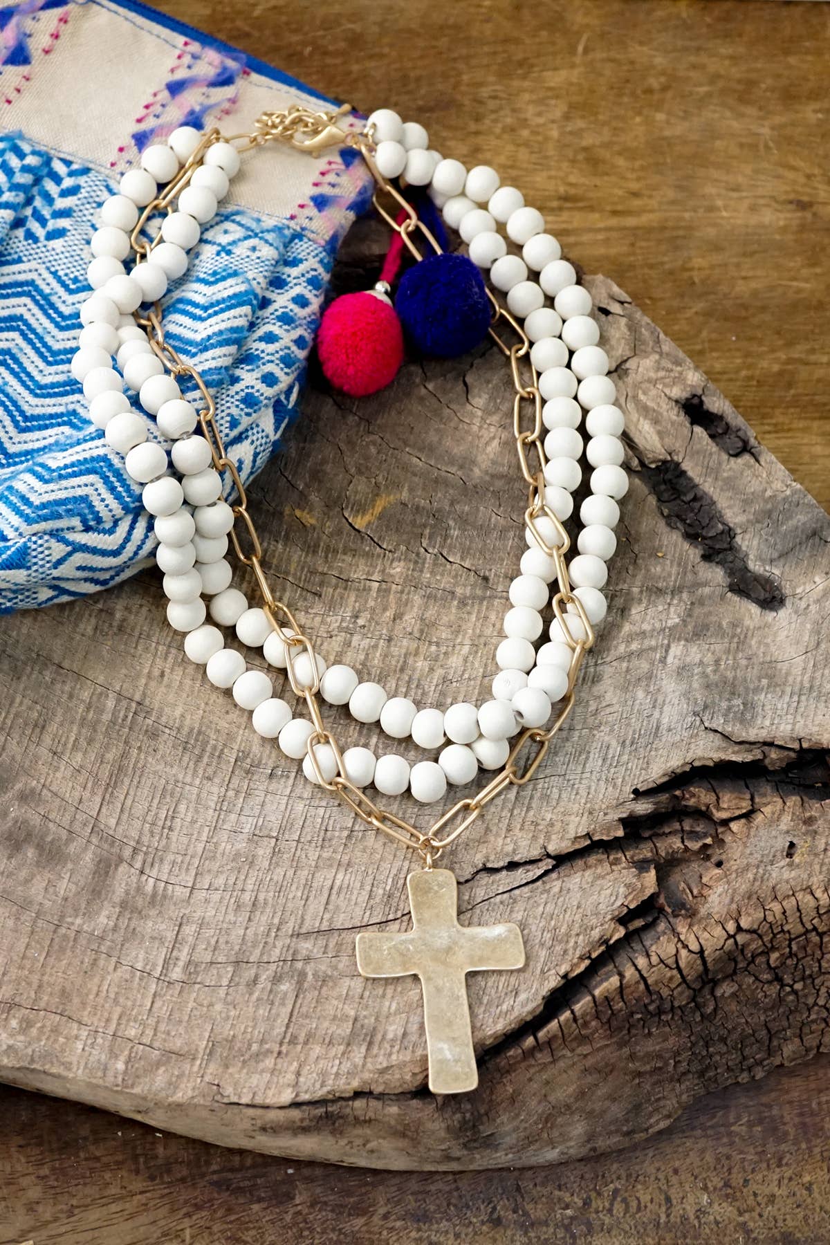Multi Strand Wood Beads Short Statement Cross Necklace Cream-Necklaces-PennyLine inc-Stuffology - Where Vintage Meets Modern, A Boutique for Real Women in Crosbyton, TX