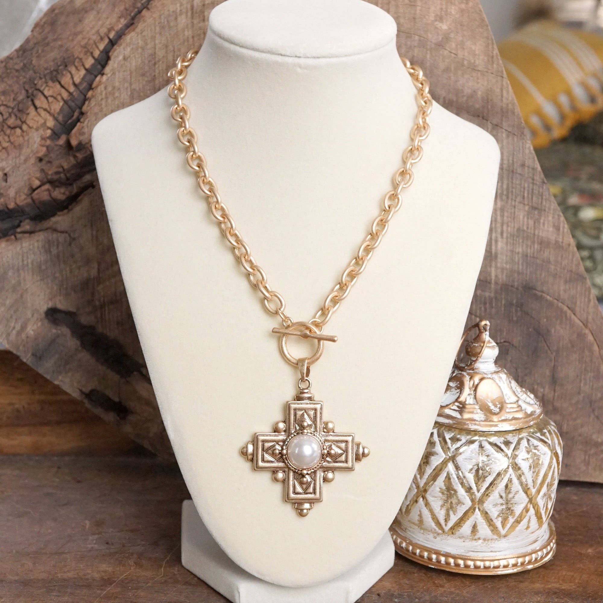 Decorative Cross Necklace Worn Gold Tone Front Toggle and Pearl-Necklaces-PennyLine inc-Stuffology - Where Vintage Meets Modern, A Boutique for Real Women in Crosbyton, TX