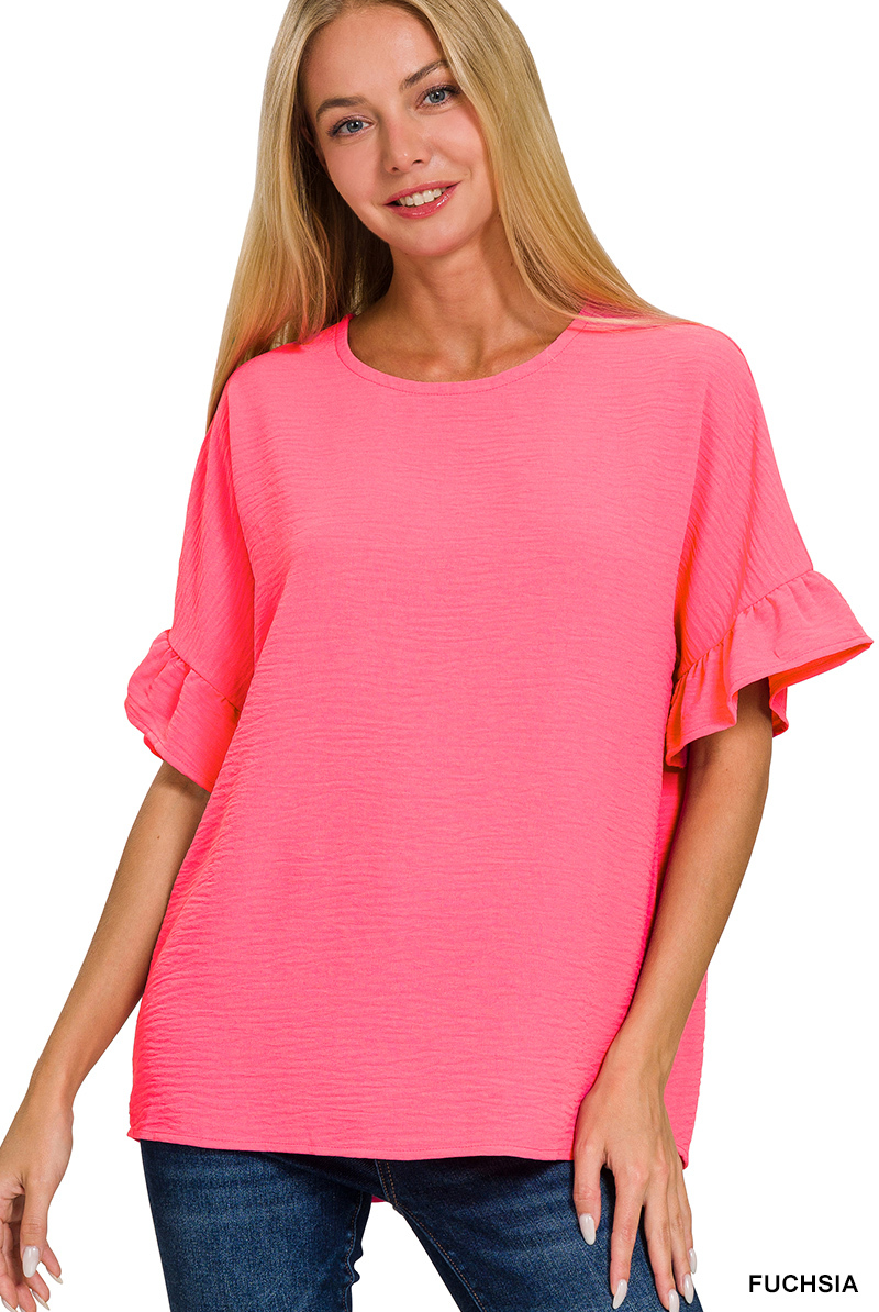 Hot Pink Woven Airflow Ruffle Sleeve Top | Stuffology Boutique-Short Sleeves-Zenana-Stuffology - Where Vintage Meets Modern, A Boutique for Real Women in Crosbyton, TX