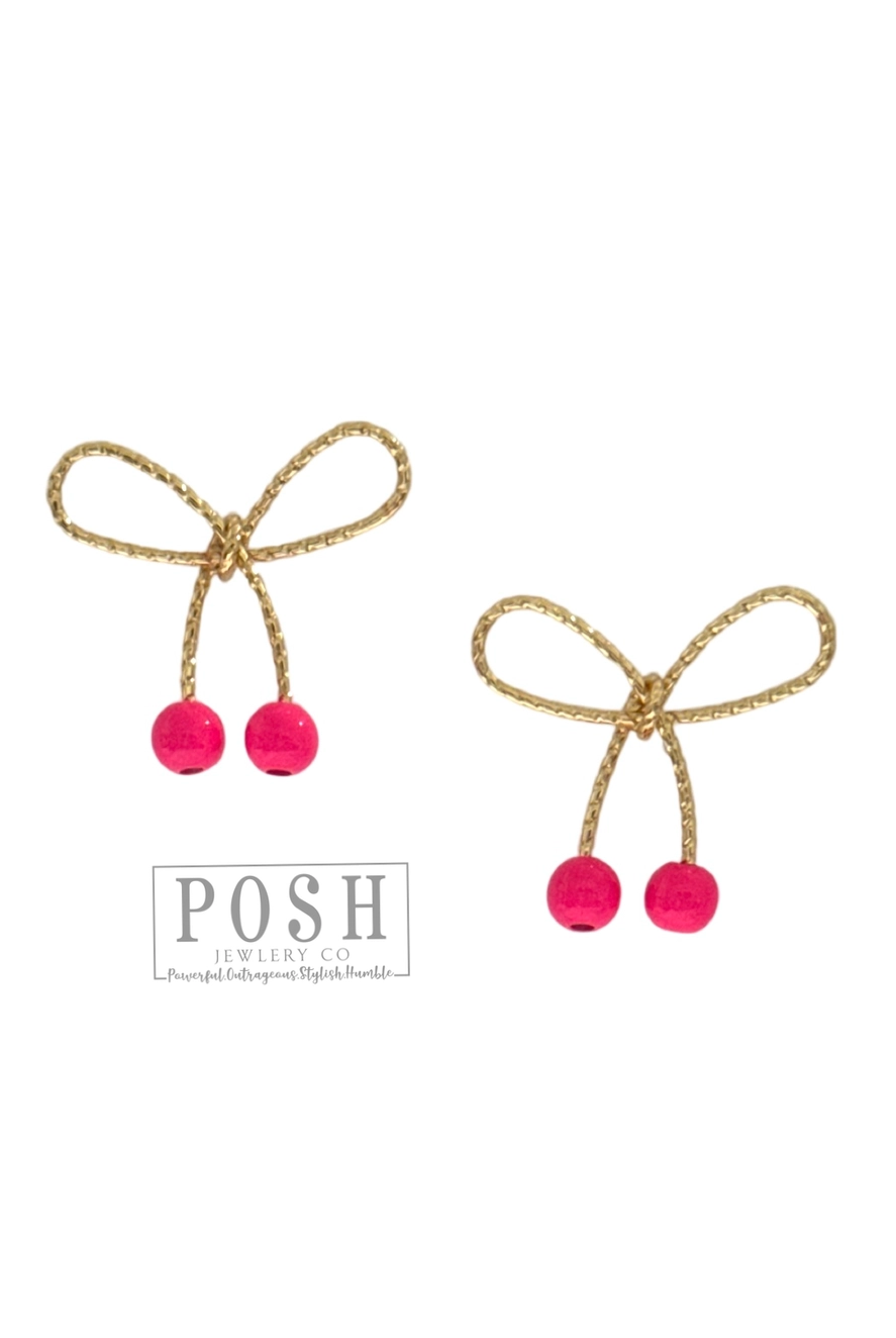 PINK OR PEARL Gold Bow Earrings / Stuffology Boutique-Earrings-Pink Pananche-Stuffology - Where Vintage Meets Modern, A Boutique for Real Women in Crosbyton, TX