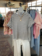 Stripe Jacquard Round-Neck Box Tee-Tops-Zenana-Stuffology - Where Vintage Meets Modern, A Boutique for Real Women in Crosbyton, TX