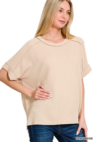 Short Sleeve Ribbed Round Neck Top-Tops-Zenana-Stuffology - Where Vintage Meets Modern, A Boutique for Real Women in Crosbyton, TX