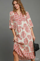 Rose Clay Border Print Tiered Midi Dress-Dresses-Umgee-Stuffology - Where Vintage Meets Modern, A Boutique for Real Women in Crosbyton, TX