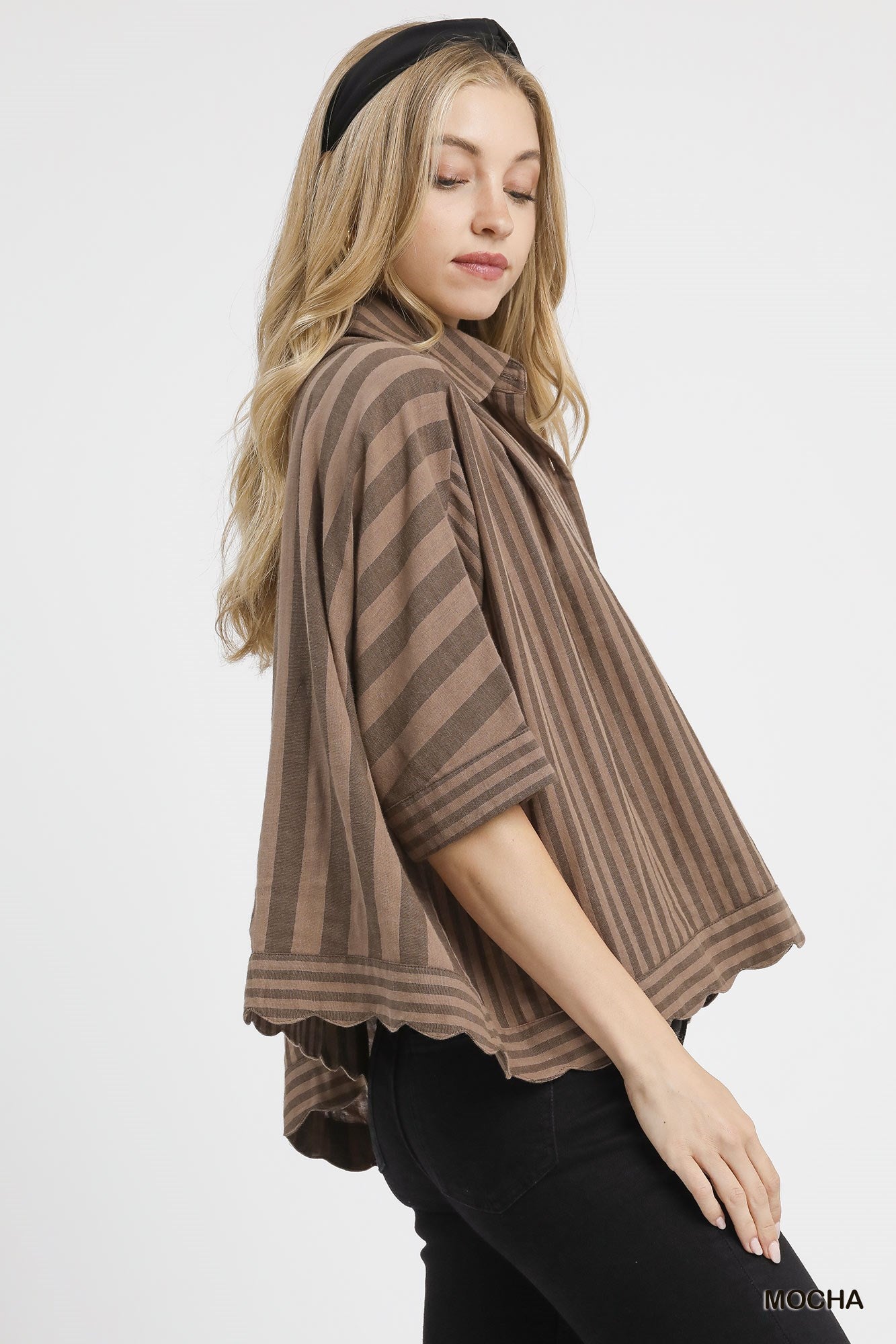 MochaMixed Stripe Button Down Shirt-Loose Fit Top-Umgee-Stuffology - Where Vintage Meets Modern, A Boutique for Real Women in Crosbyton, TX