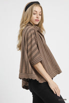 MochaMixed Stripe Button Down Shirt-Loose Fit Top-Umgee-Stuffology - Where Vintage Meets Modern, A Boutique for Real Women in Crosbyton, TX