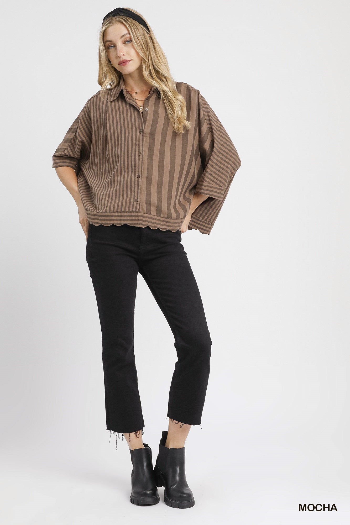 MochaMixed Stripe Button Down Shirt-Loose Fit Top-Umgee-Stuffology - Where Vintage Meets Modern, A Boutique for Real Women in Crosbyton, TX