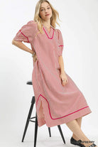 Raspberry Stripe Puff Sleeve Midi Dress-Dresses-Umgee-Stuffology - Where Vintage Meets Modern, A Boutique for Real Women in Crosbyton, TX