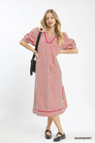 Raspberry Stripe Puff Sleeve Midi Dress-Dresses-Umgee-Stuffology - Where Vintage Meets Modern, A Boutique for Real Women in Crosbyton, TX