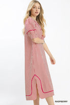 Raspberry Stripe Puff Sleeve Midi Dress-Dresses-Umgee-Stuffology - Where Vintage Meets Modern, A Boutique for Real Women in Crosbyton, TX