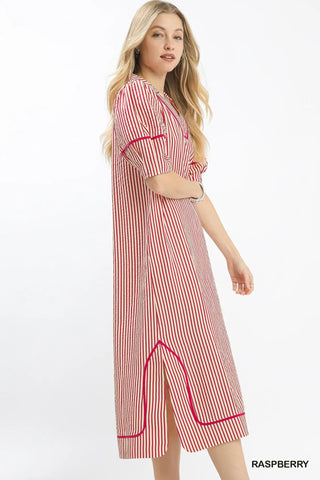 Raspberry Stripe Puff Sleeve Midi Dress-Dresses-Umgee-Stuffology - Where Vintage Meets Modern, A Boutique for Real Women in Crosbyton, TX