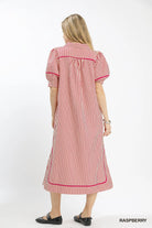 Raspberry Stripe Puff Sleeve Midi Dress-Dresses-Umgee-Stuffology - Where Vintage Meets Modern, A Boutique for Real Women in Crosbyton, TX