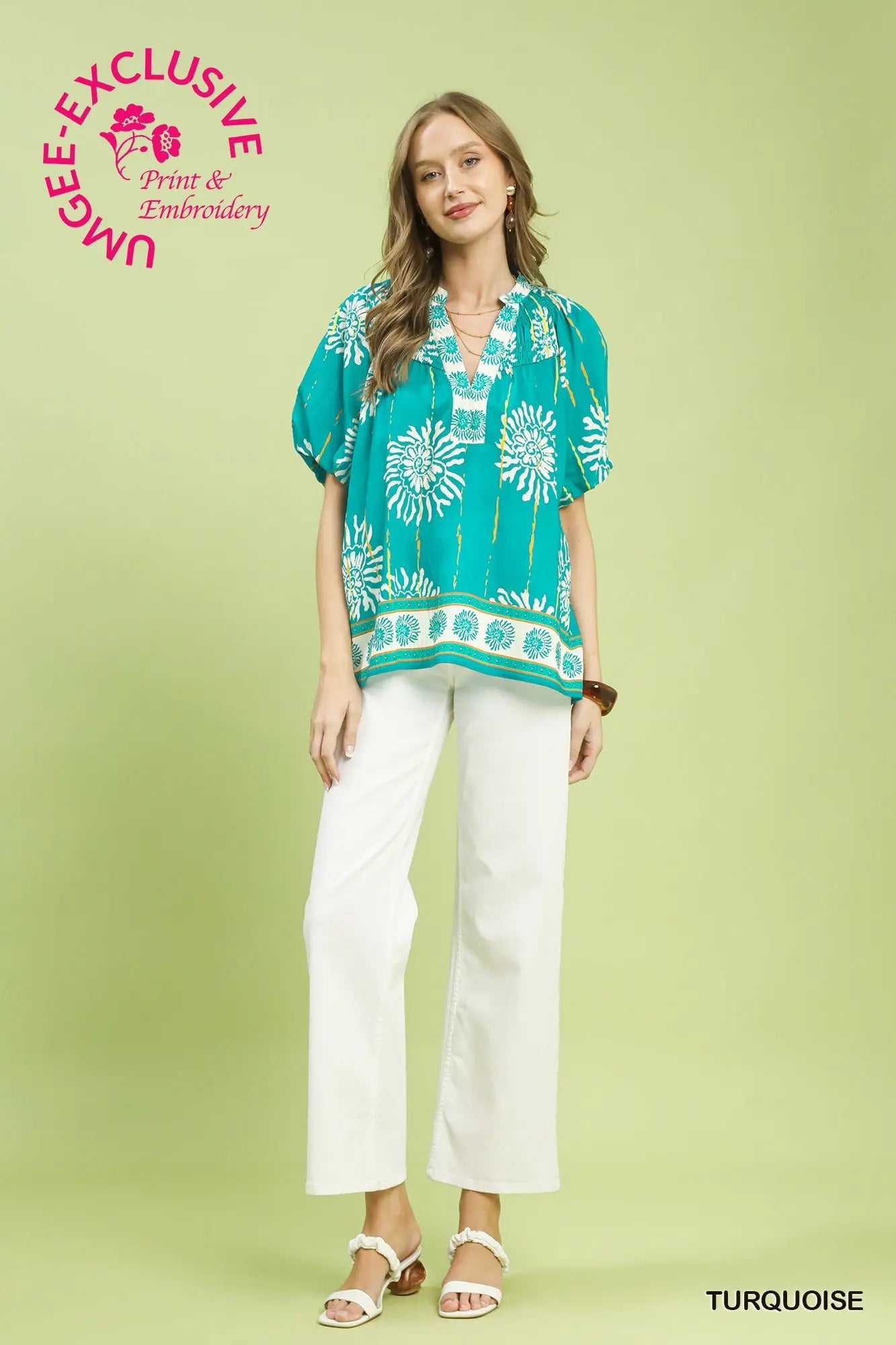 Floral Turquoise V-Neck Blouse-Blouse-Umgee-Stuffology - Where Vintage Meets Modern, A Boutique for Real Women in Crosbyton, TX