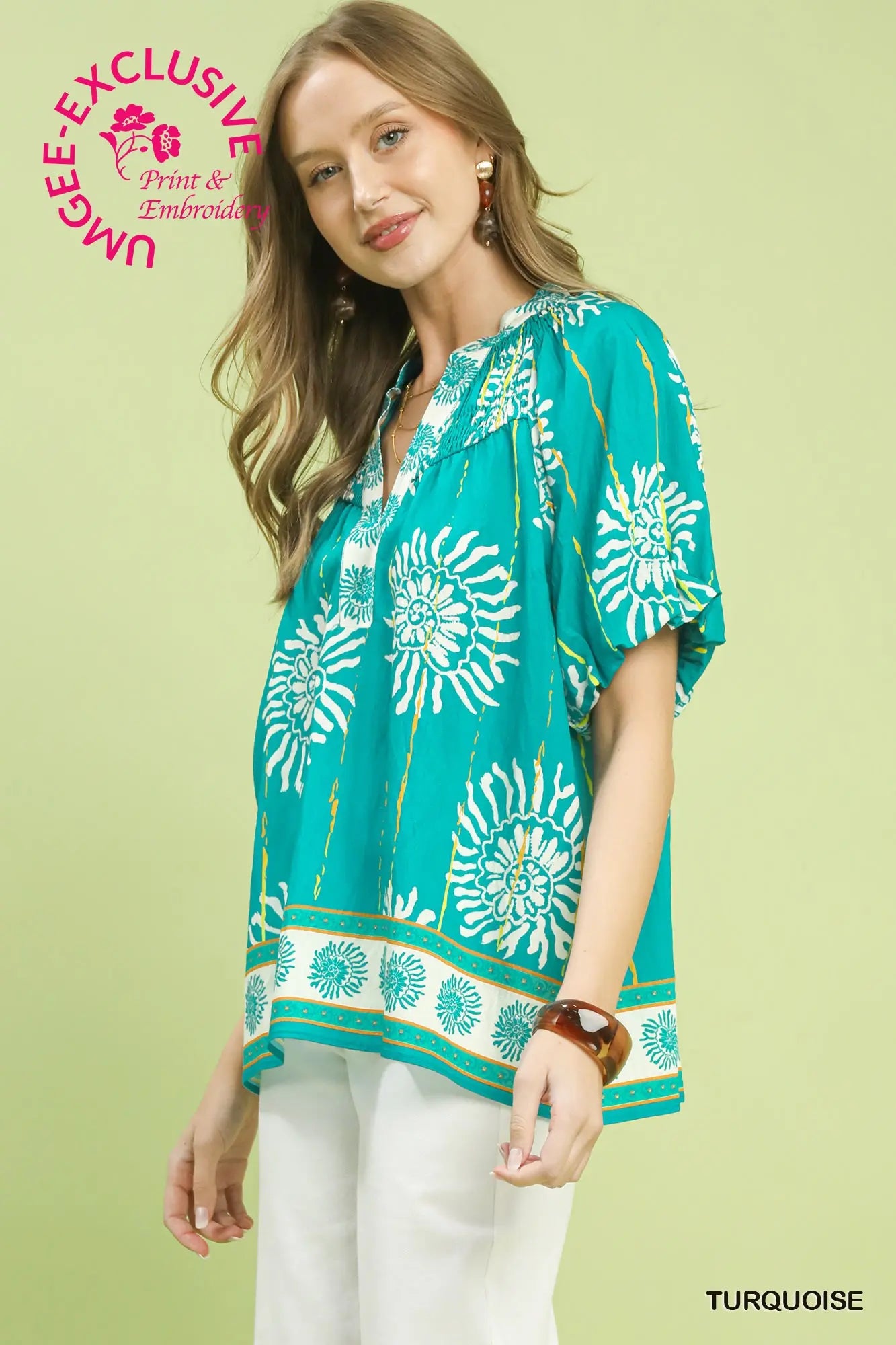 Floral Turquoise V-Neck Blouse-Blouse-Umgee-Stuffology - Where Vintage Meets Modern, A Boutique for Real Women in Crosbyton, TX