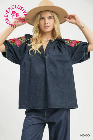 Denim Embroidered Puff Sleeve Boho Top-Blouse-Umgee-Stuffology - Where Vintage Meets Modern, A Boutique for Real Women in Crosbyton, TX