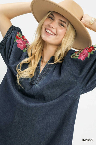 Denim Embroidered Puff Sleeve Boho Top-Blouse-Umgee-Stuffology - Where Vintage Meets Modern, A Boutique for Real Women in Crosbyton, TX