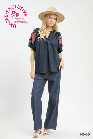 Denim Embroidered Puff Sleeve Boho Top-Blouse-Umgee-Stuffology - Where Vintage Meets Modern, A Boutique for Real Women in Crosbyton, TX