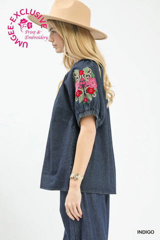 Denim Embroidered Puff Sleeve Boho Top-Blouse-Umgee-Stuffology - Where Vintage Meets Modern, A Boutique for Real Women in Crosbyton, TX