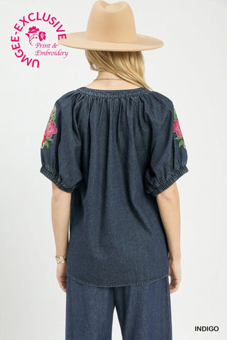 Denim Embroidered Puff Sleeve Boho Top-Blouse-Umgee-Stuffology - Where Vintage Meets Modern, A Boutique for Real Women in Crosbyton, TX