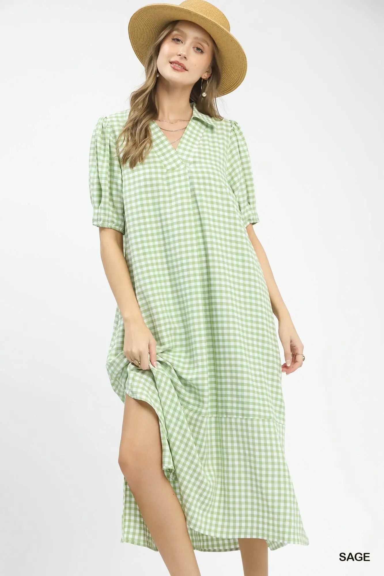 Gingham Sage Green Midi Dress-Dresses-Umgee-Stuffology - Where Vintage Meets Modern, A Boutique for Real Women in Crosbyton, TX