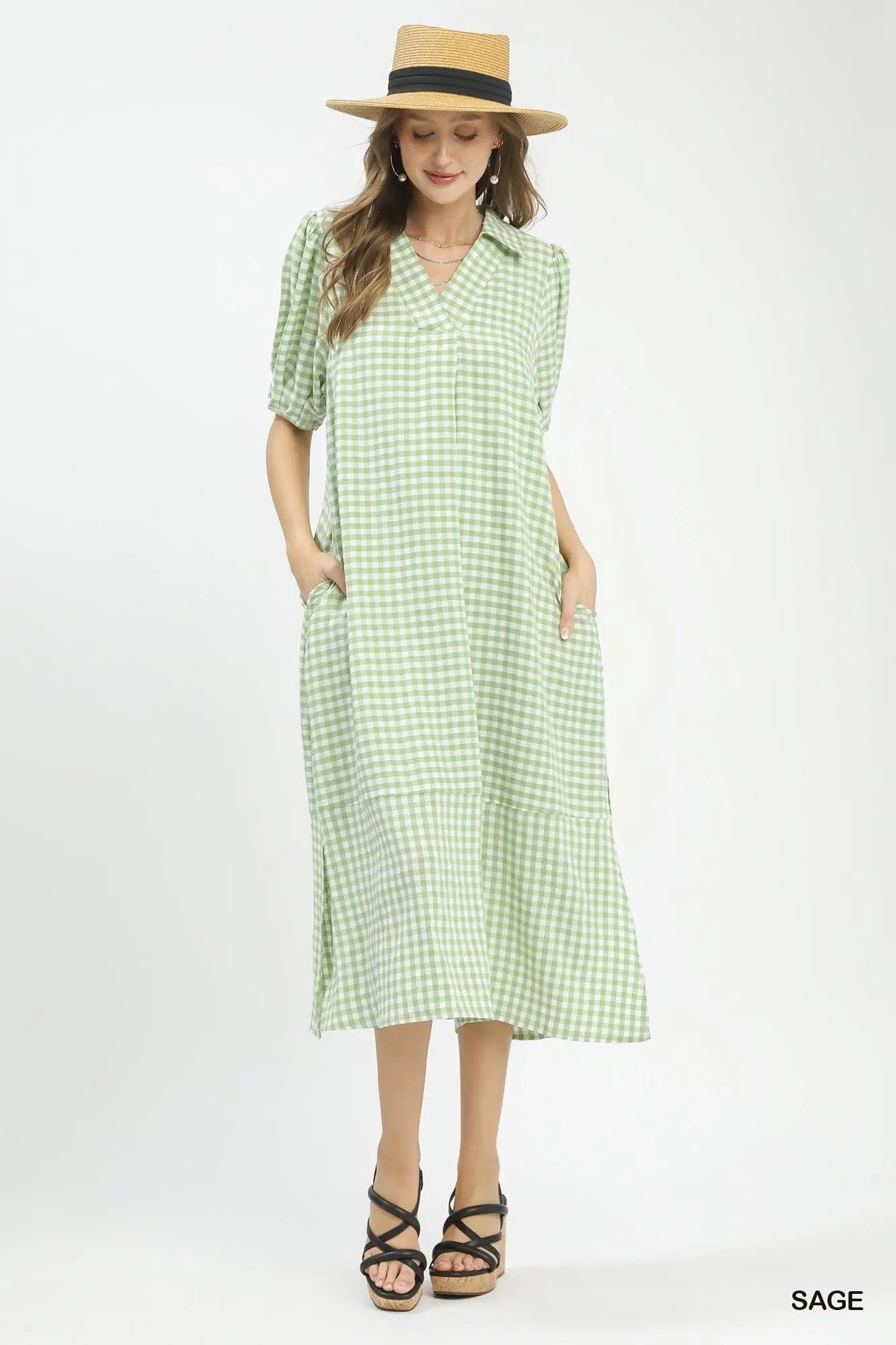 Gingham Sage Green Midi Dress-Dresses-Umgee-Stuffology - Where Vintage Meets Modern, A Boutique for Real Women in Crosbyton, TX