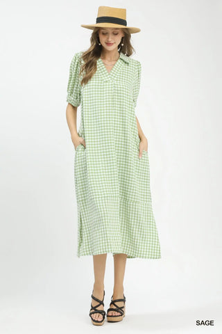Gingham Sage Green Midi Dress-Dresses-Umgee-Stuffology - Where Vintage Meets Modern, A Boutique for Real Women in Crosbyton, TX