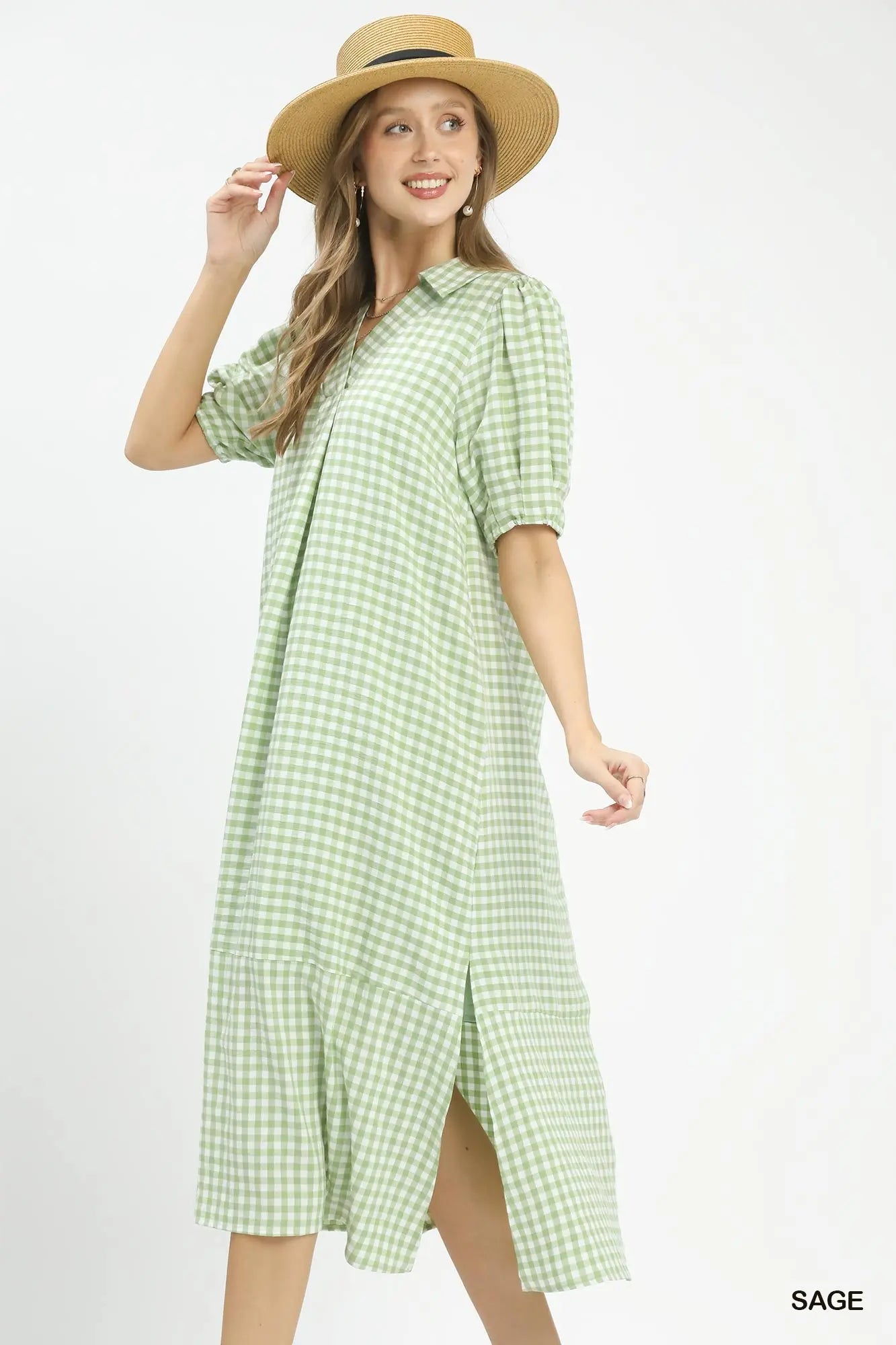 Gingham Sage Green Midi Dress-Dresses-Umgee-Stuffology - Where Vintage Meets Modern, A Boutique for Real Women in Crosbyton, TX