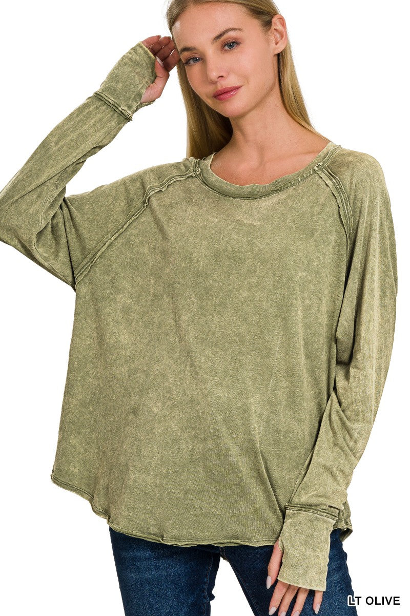 Mineral Washed Scoop-Neck Long Sleeve Top /Stuffology Boutique-TOP-ZENANA-Stuffology - Where Vintage Meets Modern, A Boutique for Real Women in Crosbyton, TX