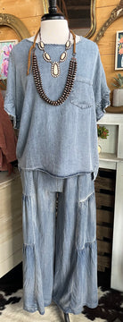 SHORT RUFFLE SLEEVE WASHED DENIM TOP /STUFFOLOGY BOUTIQUE-Top-EASEL-Stuffology - Where Vintage Meets Modern, A Boutique for Real Women in Crosbyton, TX