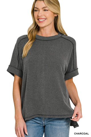 Short Sleeve Ribbed Round Neck Top-Tops-Zenana-Stuffology - Where Vintage Meets Modern, A Boutique for Real Women in Crosbyton, TX