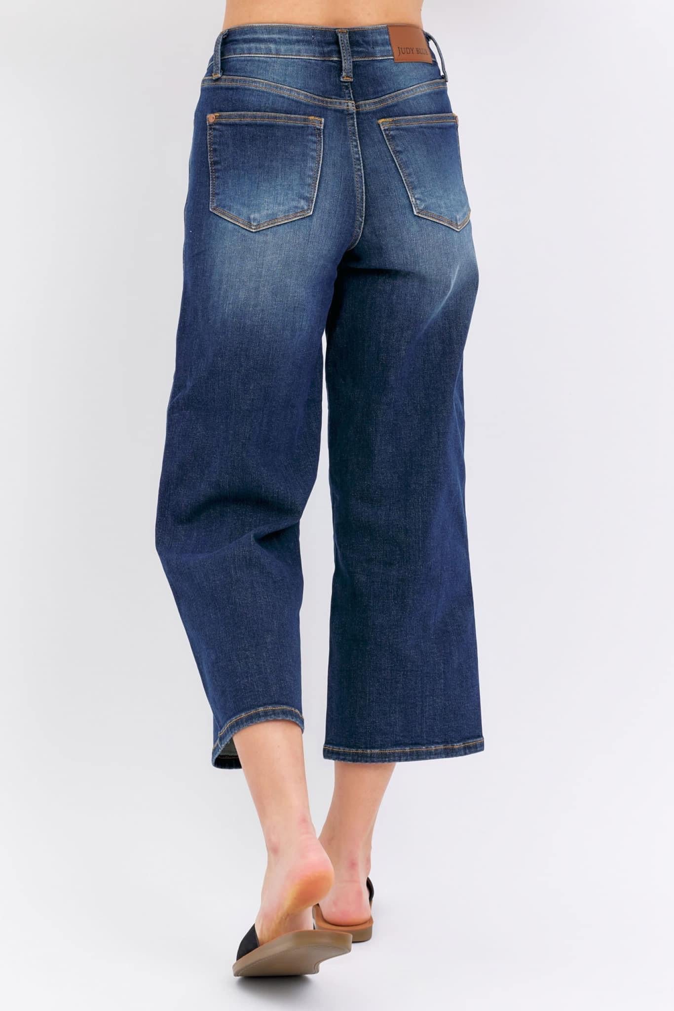 Judy Blue Midrise Tummy Control Wide Crop Jeans - Dark Wash-Jeans-Judy Blue-Stuffology - Where Vintage Meets Modern, A Boutique for Real Women in Crosbyton, TX