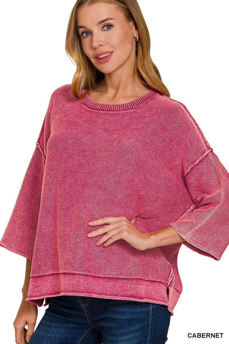 Washed 3/4 Sleeve Boxy Sweater-Zenana-Stuffology - Where Vintage Meets Modern, A Boutique for Real Women in Crosbyton, TX
