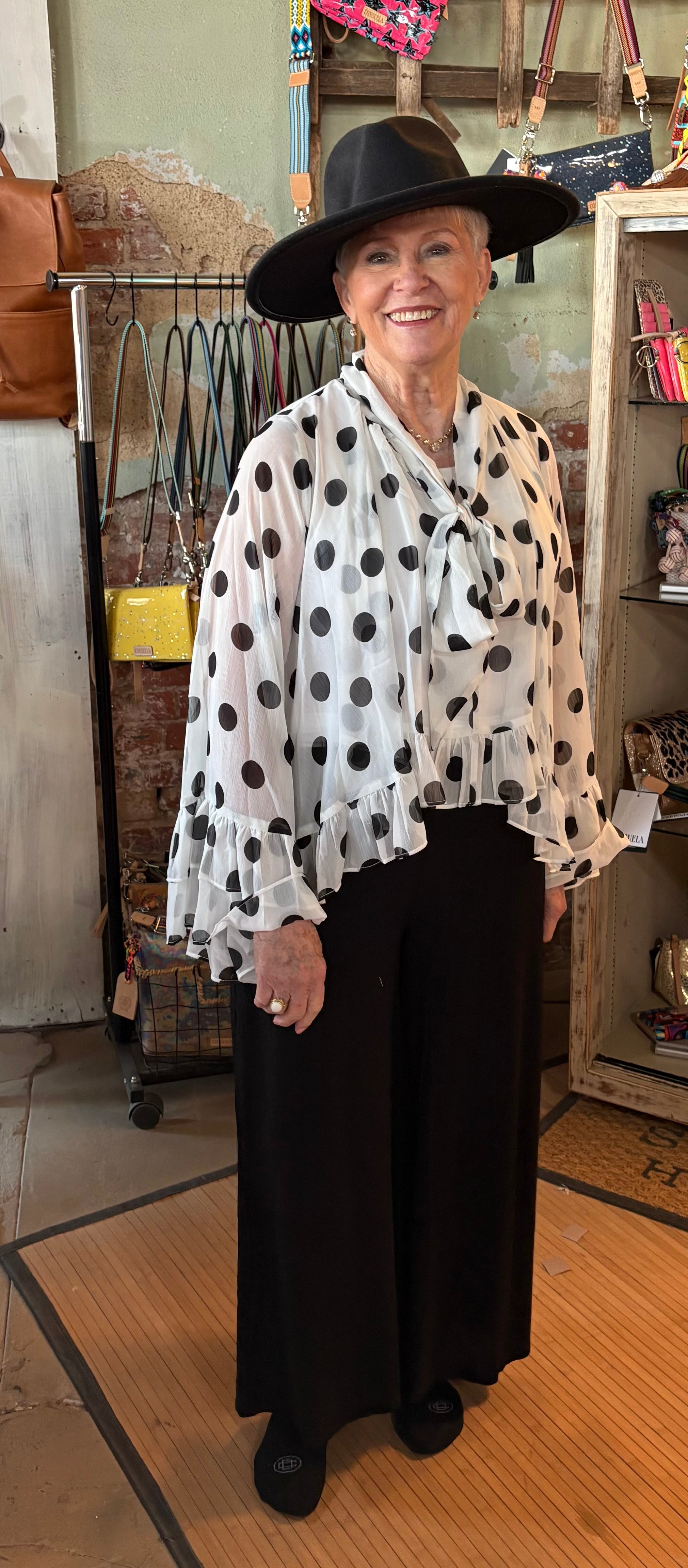 Polka Dot Sheer Chiffon Ruffle Blouse with Tie Neckline-Top-ODDI-Stuffology - Where Vintage Meets Modern, A Boutique for Real Women in Crosbyton, TX
