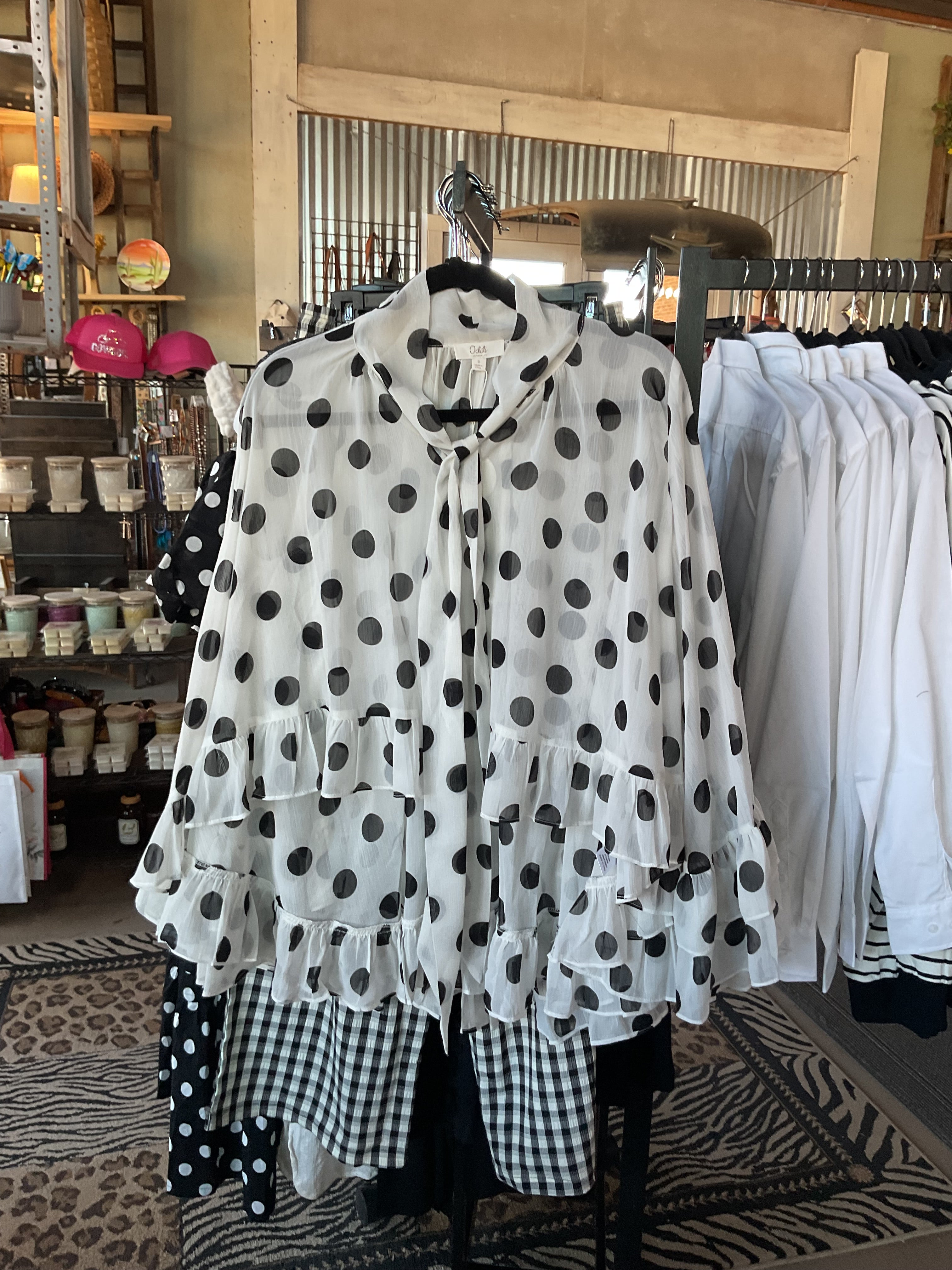 Polka Dot Sheer Chiffon Ruffle Blouse with Tie Neckline-Top-ODDI-Stuffology - Where Vintage Meets Modern, A Boutique for Real Women in Crosbyton, TX