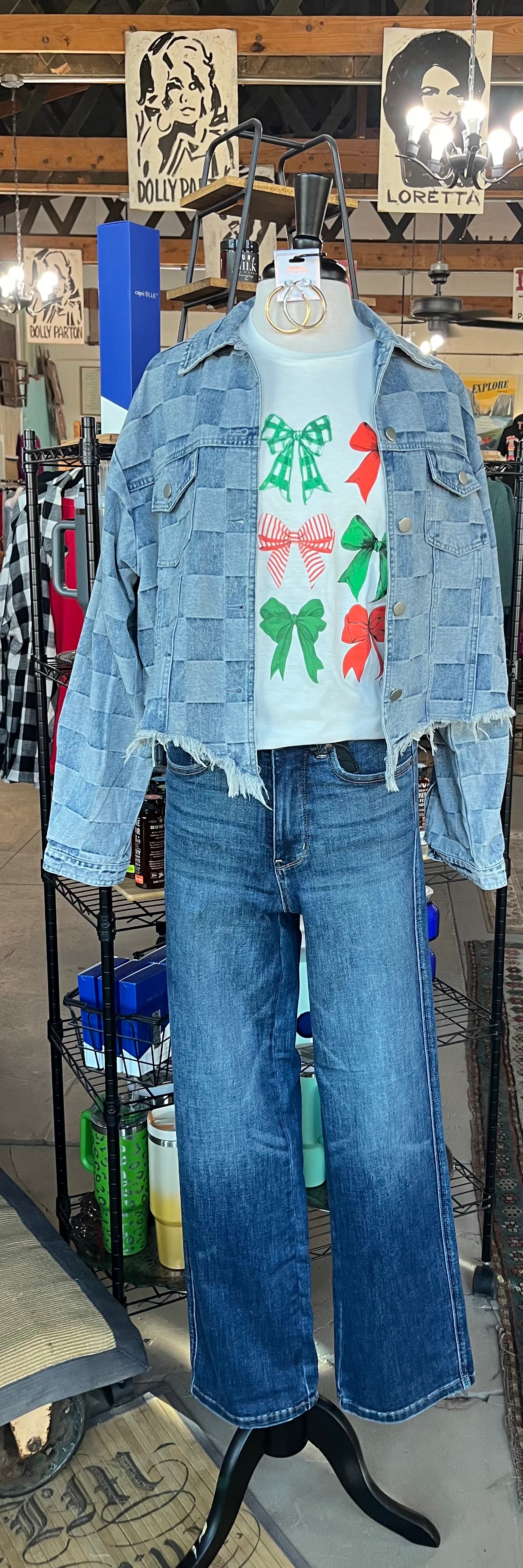 Washed Checker Denim Distressed Hem Jacket /Stuffology Boutique-Jackets-BiBi-Stuffology - Where Vintage Meets Modern, A Boutique for Real Women in Crosbyton, TX