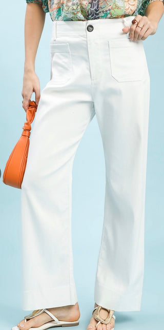 Off White Button Stretch Wide Leg Pants-Pants-Umgee-Stuffology - Where Vintage Meets Modern, A Boutique for Real Women in Crosbyton, TX