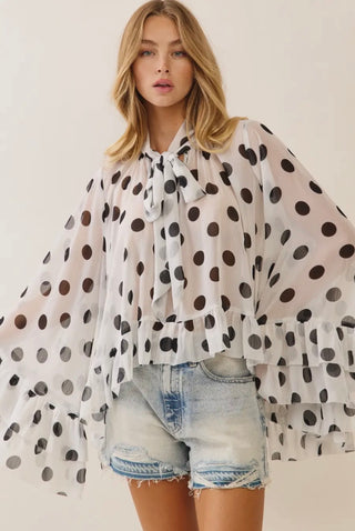 Polka Dot Sheer Chiffon Ruffle Blouse with Tie Neckline-Top-ODDI-Stuffology - Where Vintage Meets Modern, A Boutique for Real Women in Crosbyton, TX