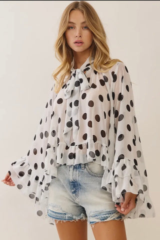 Polka Dot Sheer Chiffon Ruffle Blouse with Tie Neckline-Top-ODDI-Stuffology - Where Vintage Meets Modern, A Boutique for Real Women in Crosbyton, TX