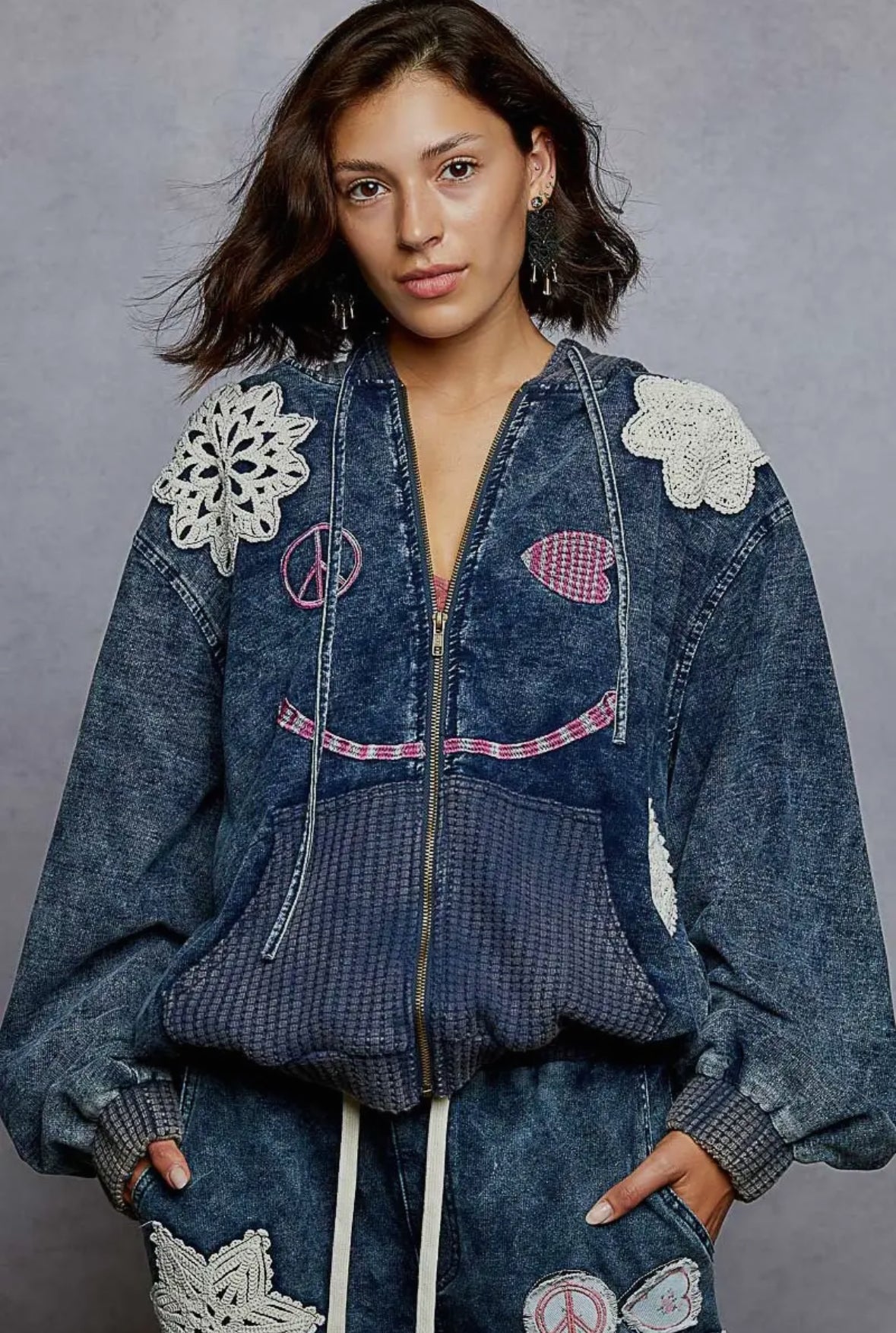 POL Clothing French Terry Crochet Patch Hoodie - Love & Peace Style-Hoodie-Stuffology Boutique -Stuffology - Where Vintage Meets Modern, A Boutique for Real Women in Crosbyton, TX