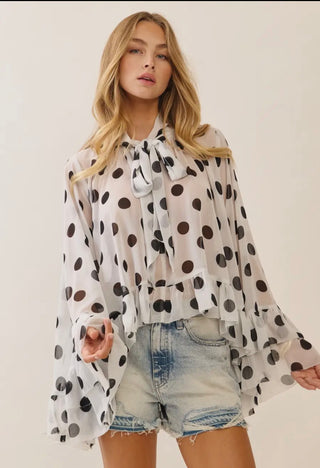 Polka Dot Sheer Chiffon Ruffle Blouse with Tie Neckline-Top-ODDI-Stuffology - Where Vintage Meets Modern, A Boutique for Real Women in Crosbyton, TX