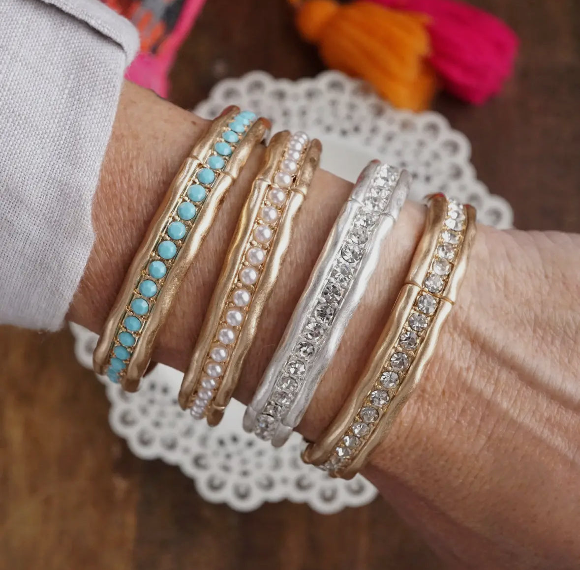 Minimalist TurquoiseCrystal Bangle Bracelet – Brushed Gold-PennyLine inc-Stuffology - Where Vintage Meets Modern, A Boutique for Real Women in Crosbyton, TX