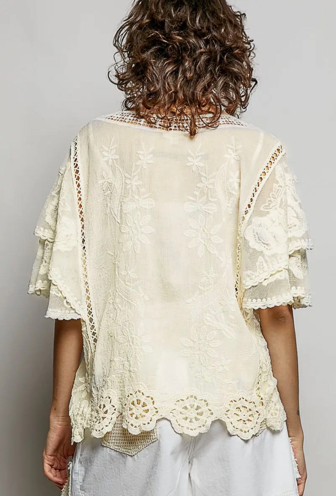 Cream Crochet Lace Flutter Sleeve Top-TOP-Stuffology Boutique -Stuffology - Where Vintage Meets Modern, A Boutique for Real Women in Crosbyton, TX