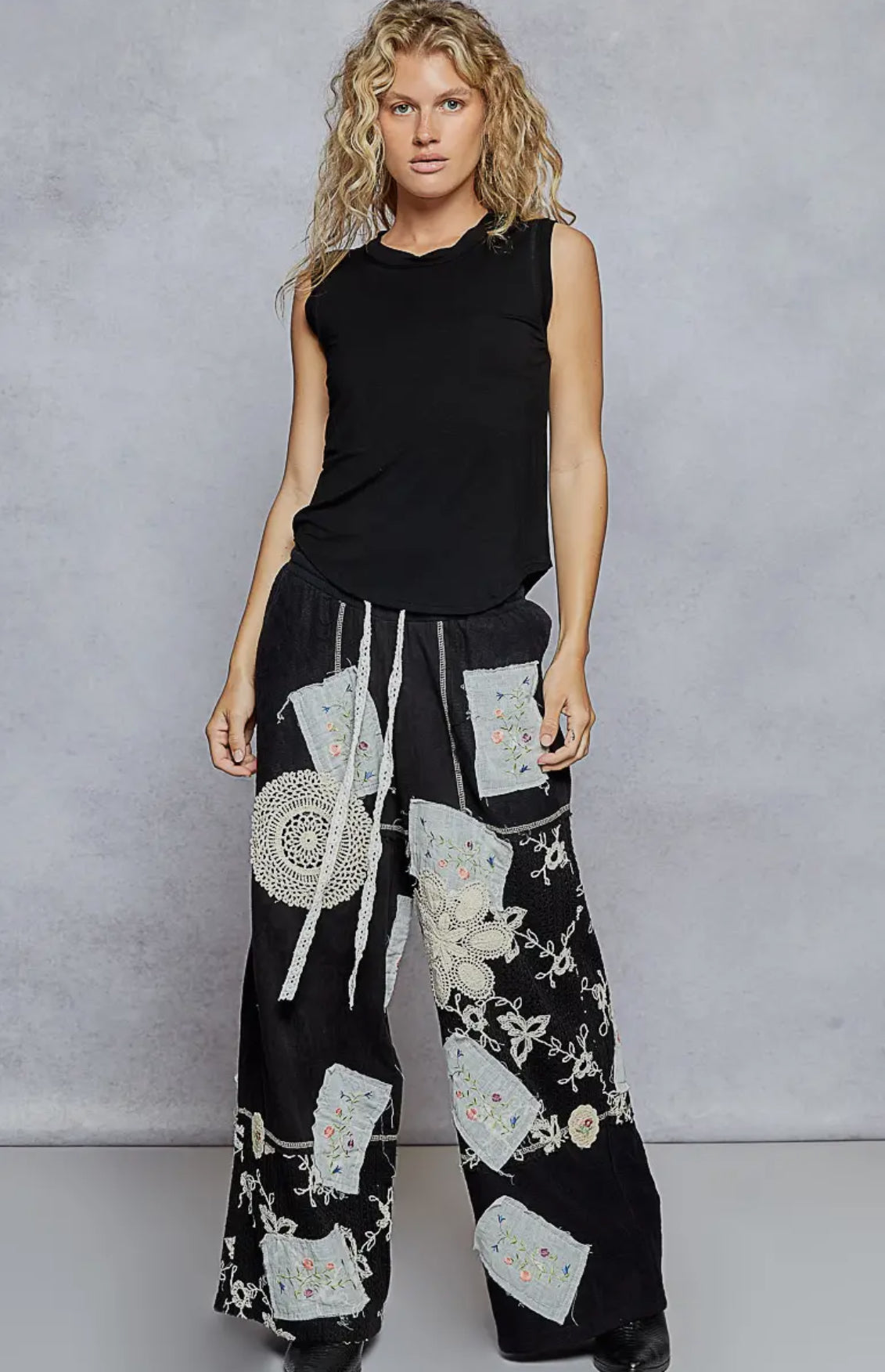 Solid lace patch detail woven pants-Pants-Pol Clothing-Stuffology - Where Vintage Meets Modern, A Boutique for Real Women in Crosbyton, TX