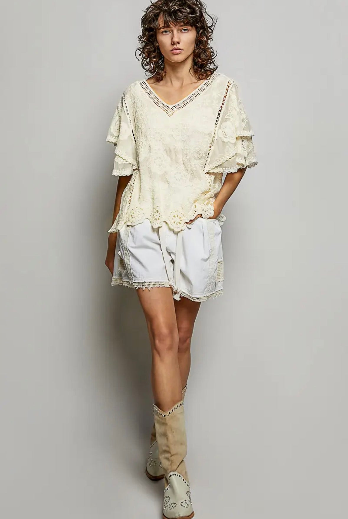 Cream Crochet Lace Flutter Sleeve Top-TOP-Stuffology Boutique -Stuffology - Where Vintage Meets Modern, A Boutique for Real Women in Crosbyton, TX