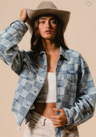 Washed Checker Denim Distressed Hem Jacket /Stuffology Boutique-Jackets-BiBi-Stuffology - Where Vintage Meets Modern, A Boutique for Real Women in Crosbyton, TX