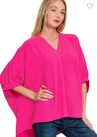 Textured V-Neck Poncho Top - Hot Pink-TOP-ZENANA-Stuffology - Where Vintage Meets Modern, A Boutique for Real Women in Crosbyton, TX