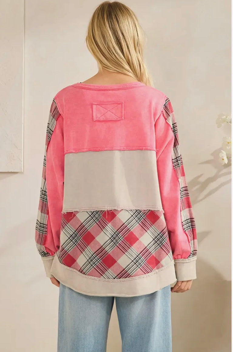 Color block Plaid Henley Pullover-Stuffology Boutique -Stuffology - Where Vintage Meets Modern, A Boutique for Real Women in Crosbyton, TX